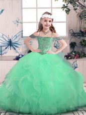 Stunning Apple Green Ball Gowns Off The Shoulder Sleeveless Tulle Floor Length Lace Up Beading and Ruffles Little Girl Pageant Dress