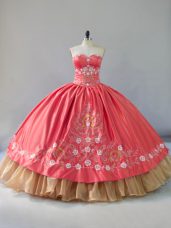 Sweetheart Sleeveless Lace Up 15 Quinceanera Dress Watermelon Red Satin and Organza