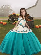 Sleeveless Organza Floor Length Lace Up Little Girls Pageant Gowns in Aqua Blue with Embroidery