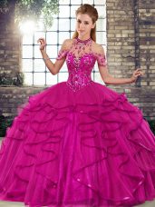 Fuchsia Halter Top Neckline Beading and Ruffles Ball Gown Prom Dress Sleeveless Lace Up