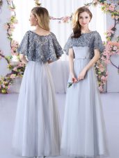 Fabulous Floor Length Grey Bridesmaid Dress Tulle Sleeveless Appliques