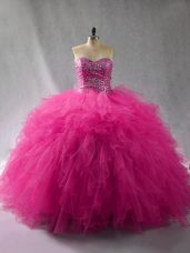 On Sale Fuchsia Ball Gowns Tulle Halter Top Sleeveless Beading and Ruffles Floor Length Lace Up Sweet 16 Dress