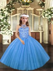 Fashionable Baby Blue Sleeveless Floor Length Beading Lace Up Little Girls Pageant Dress