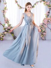 Extravagant Belt Wedding Guest Dresses Grey Lace Up Sleeveless Floor Length