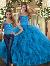 Cheap Floor Length Blue Quinceanera Dresses Halter Top Sleeveless Lace Up