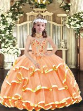 Orange Ball Gowns Organza Halter Top Sleeveless Appliques and Ruffled Layers Floor Length Lace Up Pageant Gowns