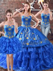 Fabulous Sweetheart Sleeveless Sweet 16 Dress Floor Length Embroidery and Ruffled Layers Blue Organza