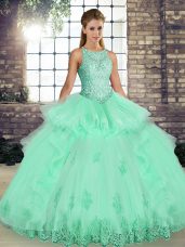 Sleeveless Tulle Floor Length Lace Up Sweet 16 Dresses in Apple Green with Lace and Embroidery and Ruffles