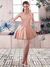 Peach Sleeveless Tulle Lace Up Prom Gown for Prom and Party