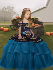 Most Popular Floor Length Teal Little Girls Pageant Dress Wholesale Straps Sleeveless Lace Up