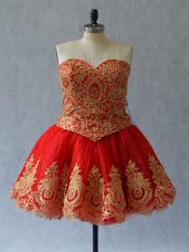 On Sale Red Tulle Lace Up Sweetheart Sleeveless Mini Length Homecoming Gowns Appliques and Embroidery