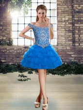 Blue Tulle Lace Up Off The Shoulder Sleeveless Mini Length Party Dress for Toddlers Beading and Pick Ups