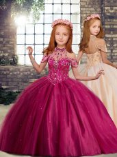 Fantastic Fuchsia Kids Formal Wear Party and Wedding Party with Beading High-neck Sleeveless Lace Up