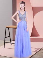 Lavender Tulle Zipper V-neck Sleeveless Floor Length Prom Dresses Beading