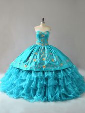 Shining Ball Gowns Sweet 16 Dress Aqua Blue Sweetheart Organza Sleeveless Floor Length Lace Up