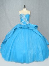 Fancy Sweetheart Sleeveless Sweet 16 Dress Court Train Embroidery Baby Blue Satin and Tulle
