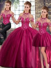 Exquisite Fuchsia Ball Gown Prom Dress Military Ball and Sweet 16 and Quinceanera with Beading Halter Top Sleeveless Brush Train Lace Up