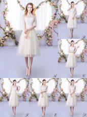Fitting Champagne Lace Up Dama Dress Lace Half Sleeves Tea Length