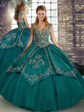 Dynamic Sleeveless Floor Length Beading and Embroidery Lace Up Quinceanera Gowns with Teal
