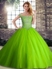 Trendy Sleeveless Tulle Brush Train Lace Up Sweet 16 Dresses in with Beading