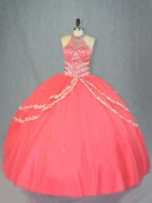 Halter Top Sleeveless Lace Up 15 Quinceanera Dress Watermelon Red Tulle