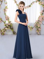 Flare Navy Blue Empire Straps Sleeveless Chiffon Floor Length Lace Up Hand Made Flower Dama Dress