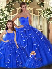 Blue Sweetheart Lace Up Beading and Ruffles 15th Birthday Dress Sleeveless