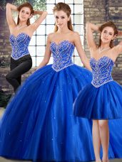 Smart Blue Ball Gowns Sweetheart Sleeveless Tulle Brush Train Lace Up Beading Quinceanera Dress