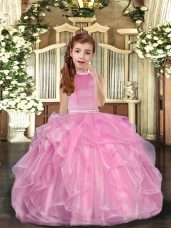 Custom Fit Baby Pink Halter Top Lace Up Beading and Ruffles Little Girl Pageant Dress Sleeveless