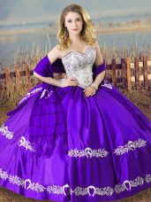Sweetheart Sleeveless Quince Ball Gowns Floor Length Beading and Embroidery Eggplant Purple Satin