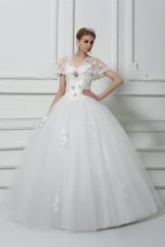 High Class Floor Length White Wedding Dress V-neck Short Sleeves Lace Up