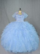 Sumptuous Blue Sleeveless Floor Length Beading and Ruffles Lace Up Quinceanera Dress