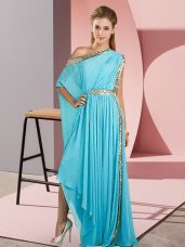 Fabulous Empire Prom Gown Aqua Blue One Shoulder Chiffon Sleeveless Asymmetrical Side Zipper