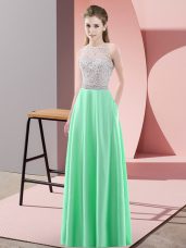 Scoop Sleeveless Evening Dress Floor Length Beading Apple Green Satin