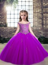 Graceful Purple Tulle Lace Up Off The Shoulder Sleeveless Floor Length Juniors Party Dress Appliques