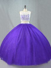 Purple Two Pieces Tulle Scoop Sleeveless Appliques Floor Length Zipper Quinceanera Dresses