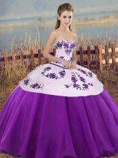 White And Purple Lace Up Sweetheart Embroidery and Bowknot Quinceanera Dresses Tulle Sleeveless