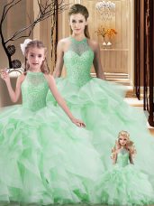 Fantastic Apple Green Organza Lace Up Quinceanera Gowns Sleeveless Brush Train Beading and Ruffles