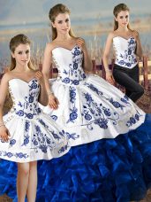 Latest Blue And White Sweetheart Lace Up Embroidery and Ruffles Vestidos de Quinceanera Sleeveless