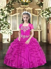 Fuchsia Straps Neckline Beading Little Girl Pageant Gowns Sleeveless Lace Up