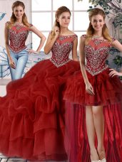 Enchanting Scoop Sleeveless Brush Train Zipper Sweet 16 Dresses Wine Red Organza