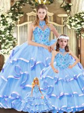 Traditional Blue Quince Ball Gowns Halter Top Sleeveless Lace Up