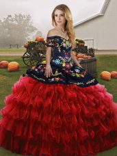 Fantastic Embroidery and Ruffled Layers Sweet 16 Dress Red And Black Lace Up Sleeveless Floor Length