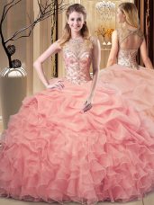 Luxurious Peach Organza Lace Up Scoop Sleeveless Floor Length Vestidos de Quinceanera Beading and Ruffles and Pick Ups