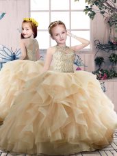 Graceful Champagne Organza Zipper Pageant Gowns Sleeveless Floor Length Beading and Ruffles