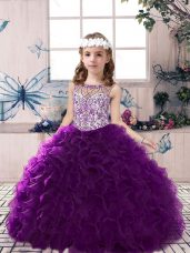 Beading and Ruffles Little Girls Pageant Gowns Purple Lace Up Sleeveless Floor Length