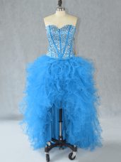Aqua Blue A-line Beading and Ruffles Pageant Dresses Lace Up Organza Sleeveless High Low
