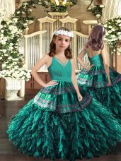 Glorious Ball Gowns Pageant Gowns For Girls Turquoise V-neck Organza Sleeveless Floor Length Zipper