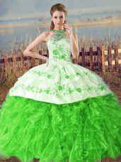 Quinceanera Dress Organza Court Train Sleeveless Embroidery and Ruffles
