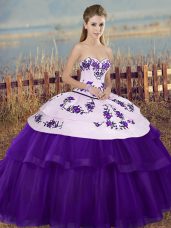 Affordable White And Purple Ball Gowns Embroidery and Bowknot Quince Ball Gowns Lace Up Tulle Sleeveless Floor Length